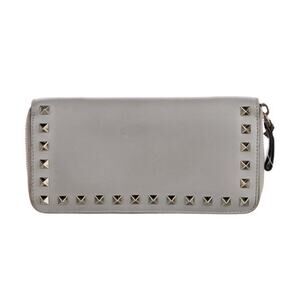 Authentic VALENTINO GARAVANI Rockstud Gray Smooth Leather Continental Wallet